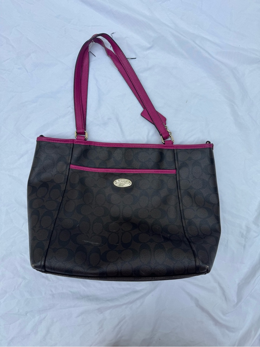 Coach Brown Signature Tote with Pink Trim